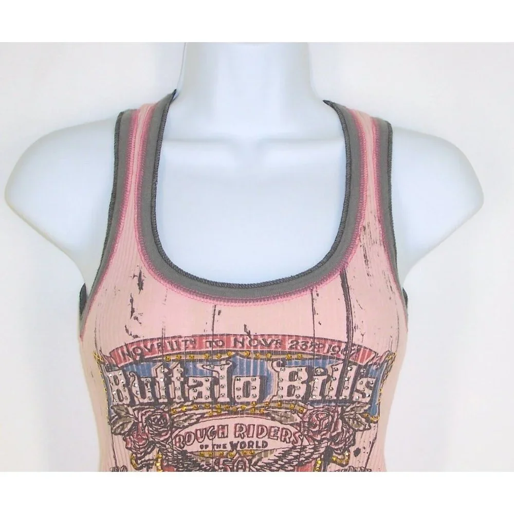 Skinny Minnie Tank Top M Buffalo Bills Rough Riders Pink Ribbed Dirty Wash - Picture 5 of 6